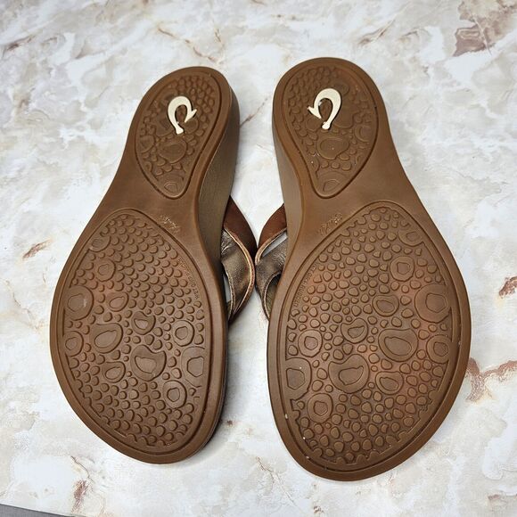 Olukai Kaekae sandals size 7 Leather Flip Flops Sahara Bubbly Golden - Picture 5 of 5